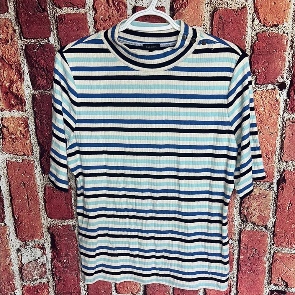 Talbots Blue Striped Ribbed Snap-Button women blouse Top Size Large